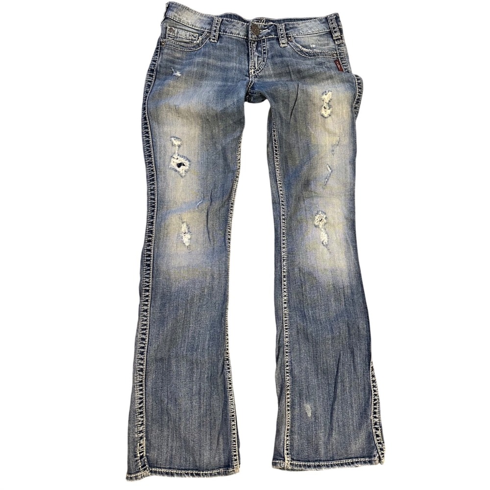 Silver Jeans Co Frances Flare Distressed y2k Low Rise Blue Jeans Womens 34x31